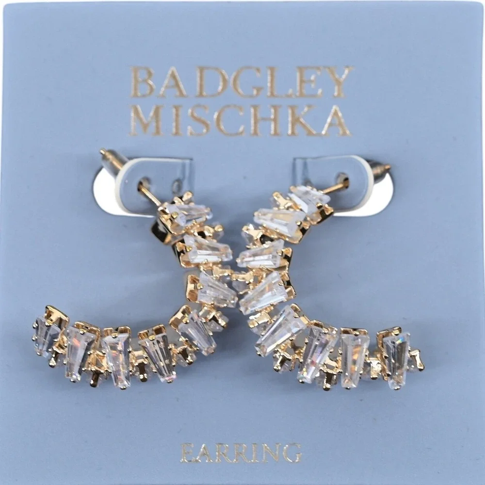 Badgley Mischka Gold Tone Baguette Cubic Zirconia Mosaic J-Hoop Earrings NWT